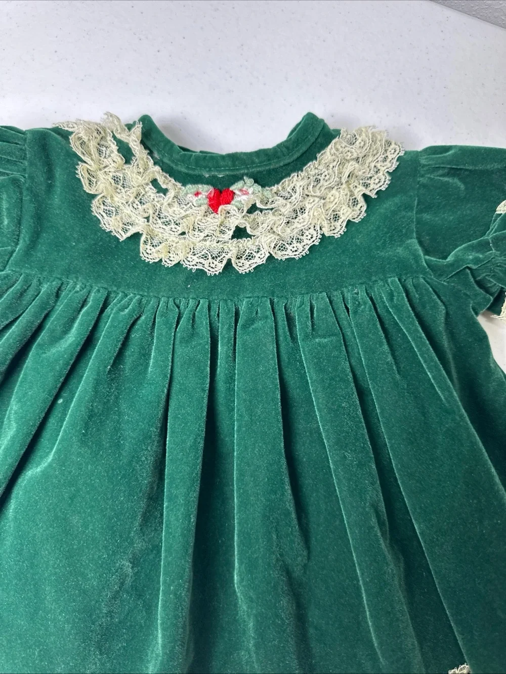 Vintage Green Velvet Baby Dress with Lace Trim